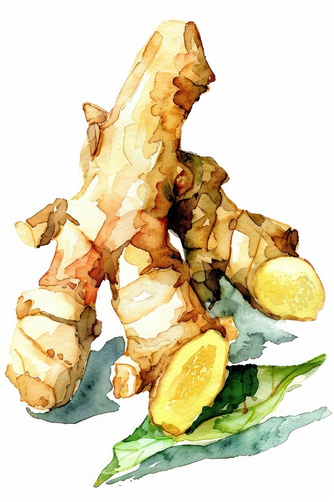 Cute watercolor illustration of ginger vegetable plant food dish.