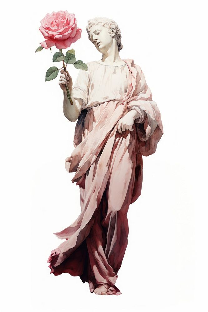 Statue holding a rose painting flower plant.