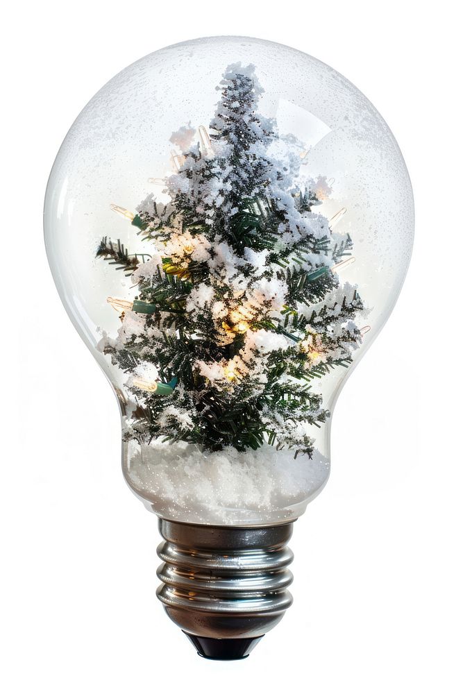 Light bulb with christmas tree and snow inside lightbulb white white background.