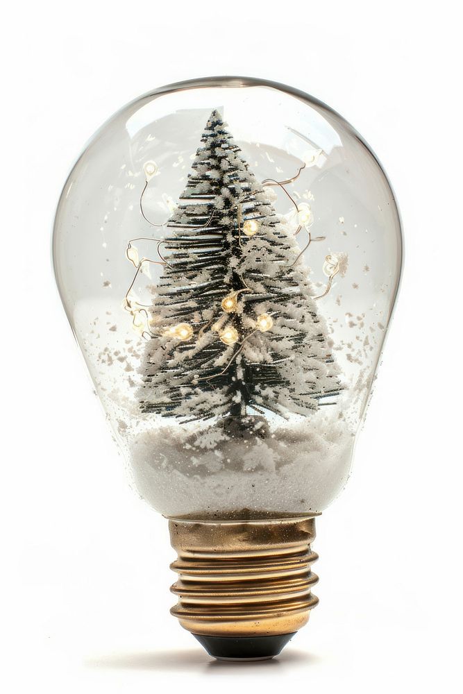 Light bulb with christmas tree and snow inside light lightbulb white background.