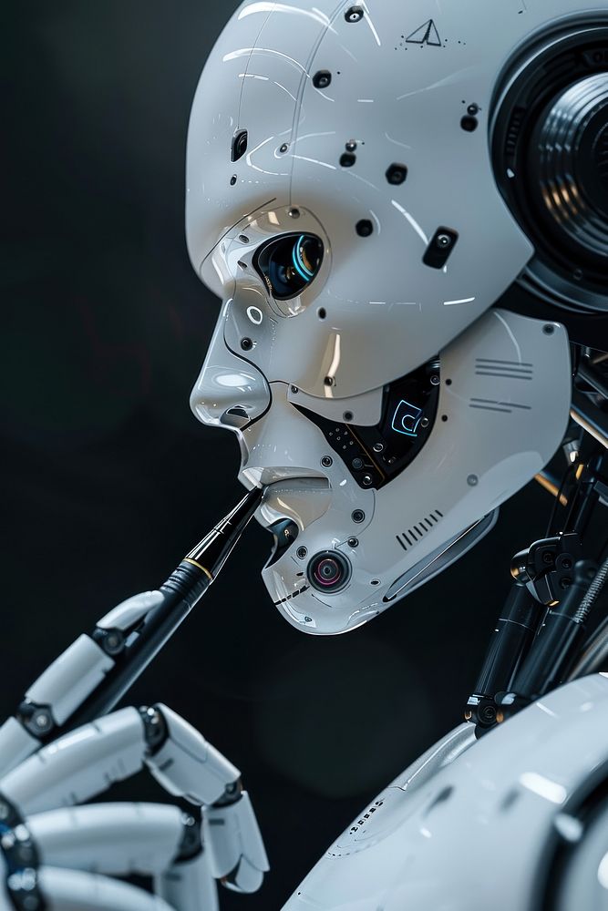 Robot holding a pen technology futuristic machine.