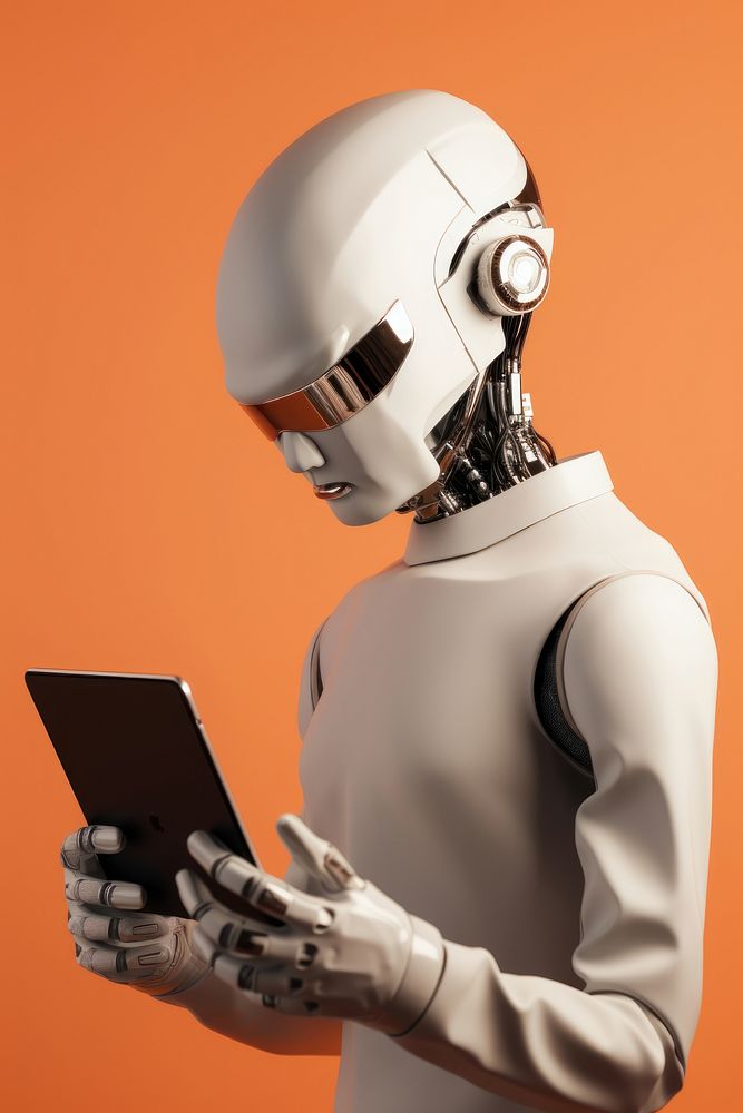 Robot holding tablet technology helmet adult.