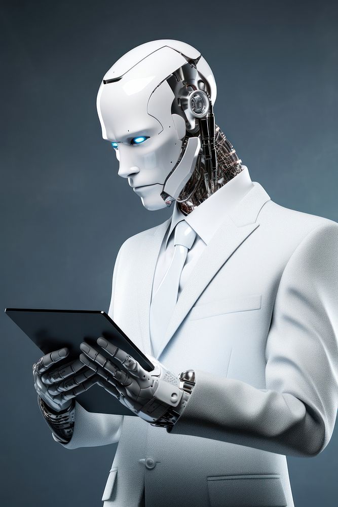 Robot holding tablet technology electronics futuristic.