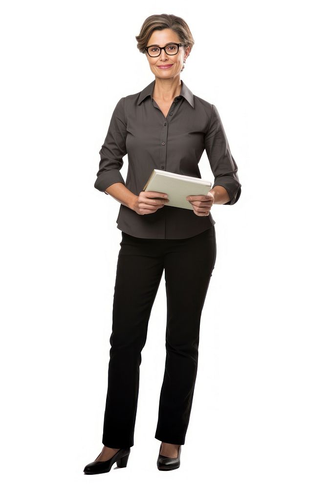 Female teacher standing reading adult.