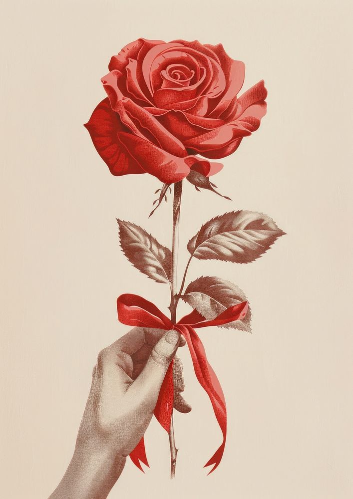 Vintage illustration of a rose holding flower ribbon.