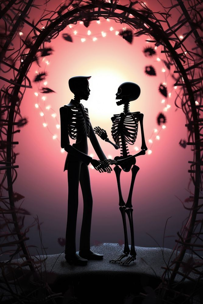 Female and male skeletons cartoon celebration silhouette.