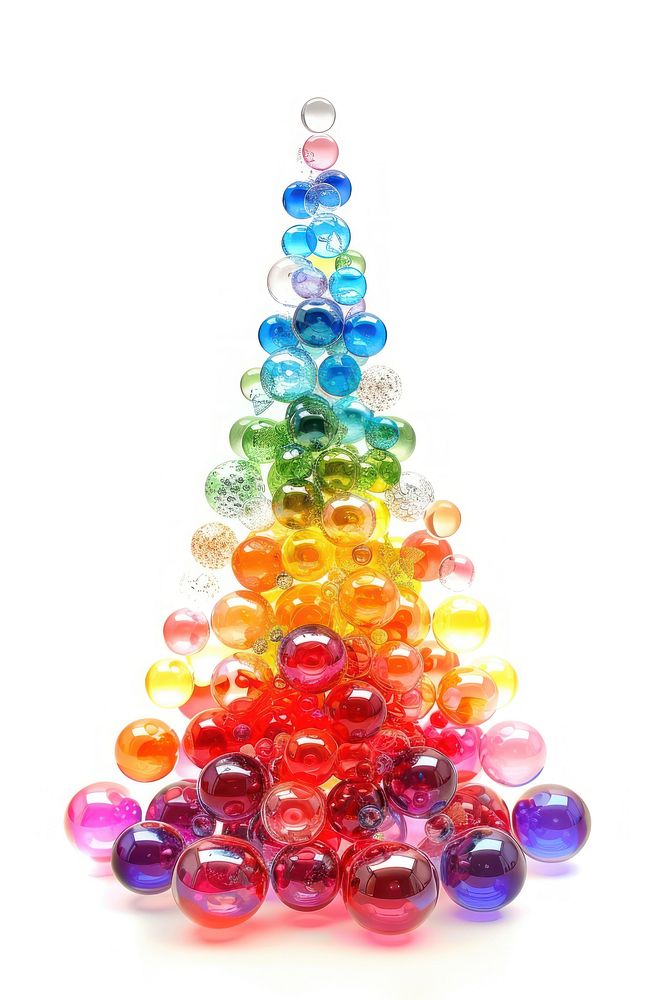 3D Glossy rainbow bubble christmas tree jewelry bead white background.