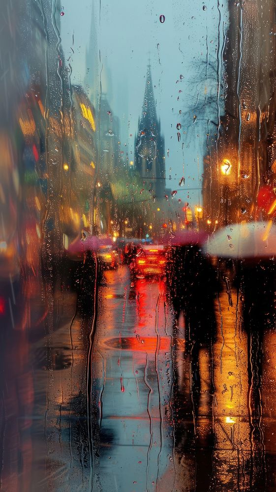 A rain scene with city architecture cityscape outdoors.