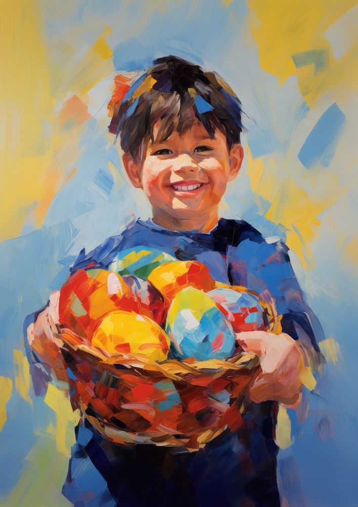 Easter eggs painting basket portrait.
