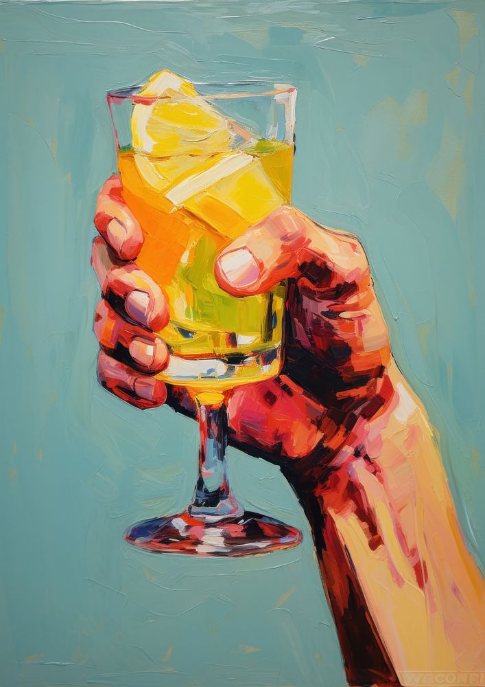 A hand holding a cocktail painting glass drink.