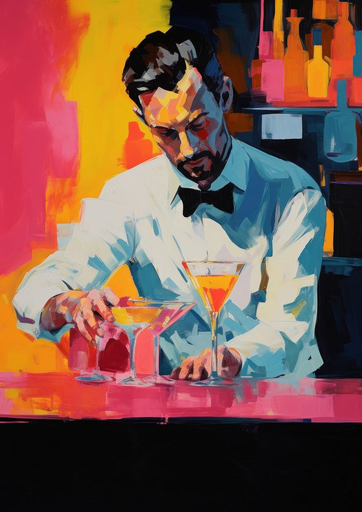 A bartender making a cocktail painting adult refreshment.
