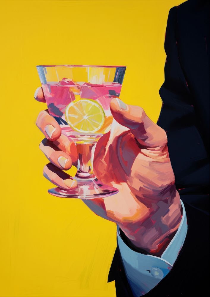 A hand holding a cocktail painting drink fruit.