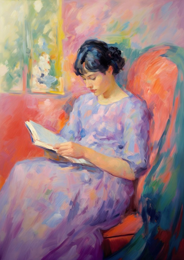 A pregnant woman reading a book painting art contemplation.
