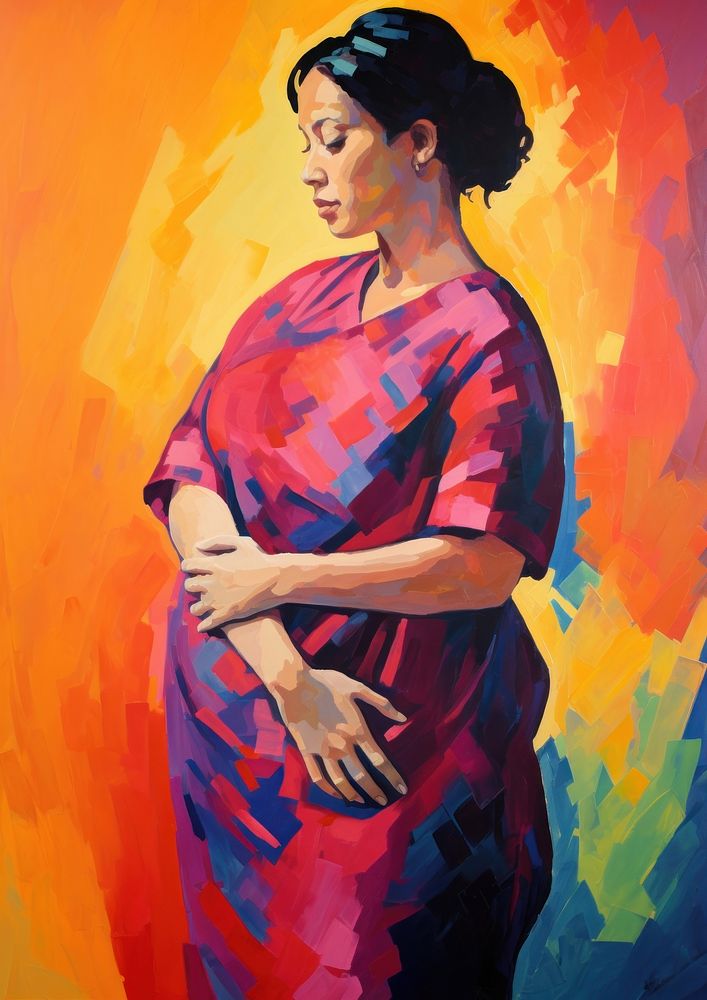 A pregnant woman painting art red.