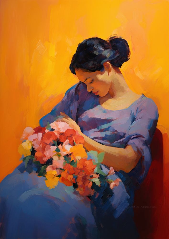 A pregnant woman holding flowers painting adult art.
