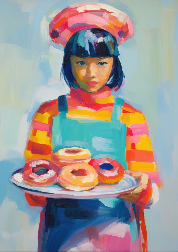 A tray with a donut painting adult woman.
