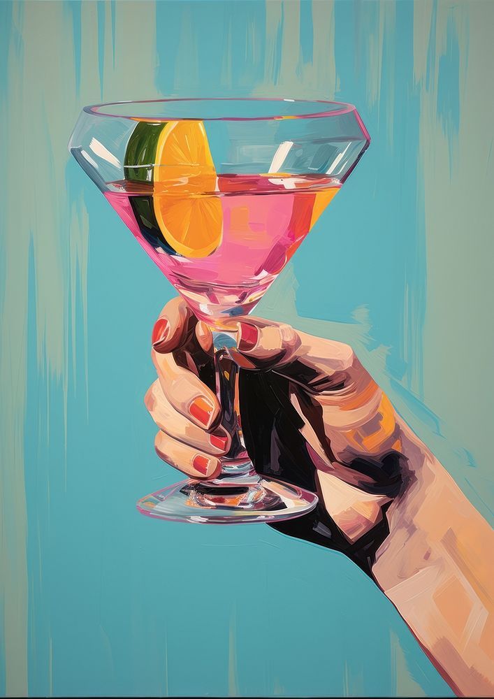 A hand holding a cocktail painting martini drink.
