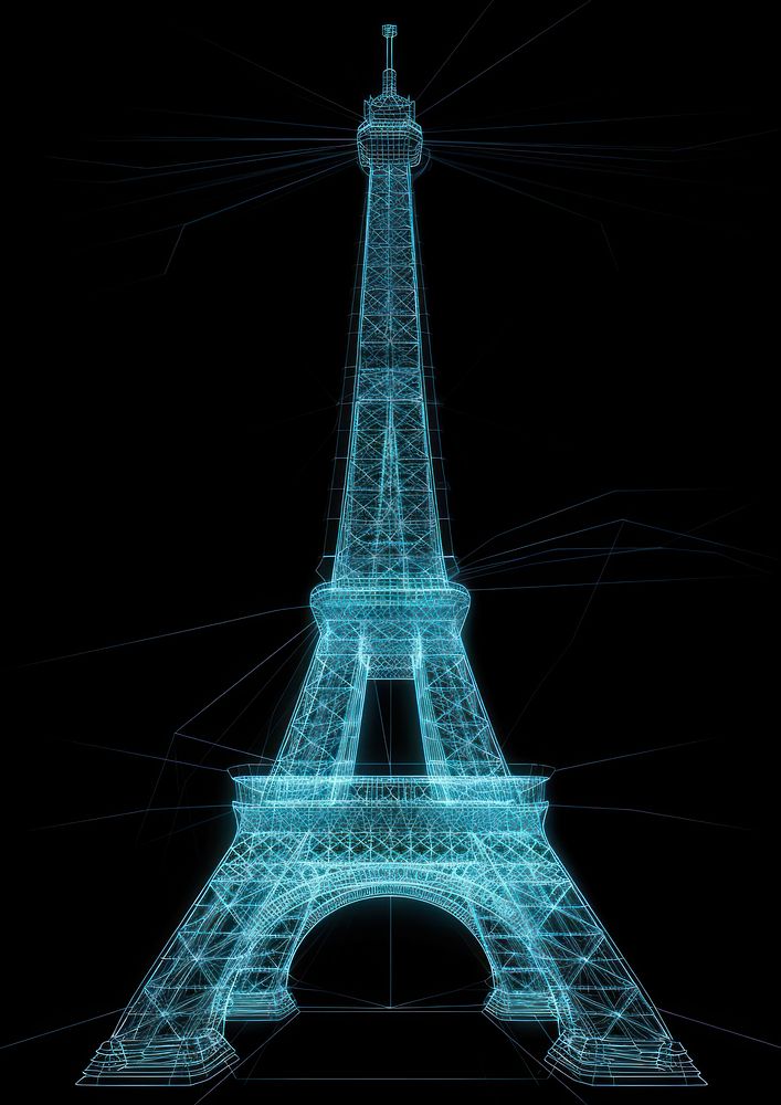 Glowing wireframe of eiffel tower architecture landmark line.