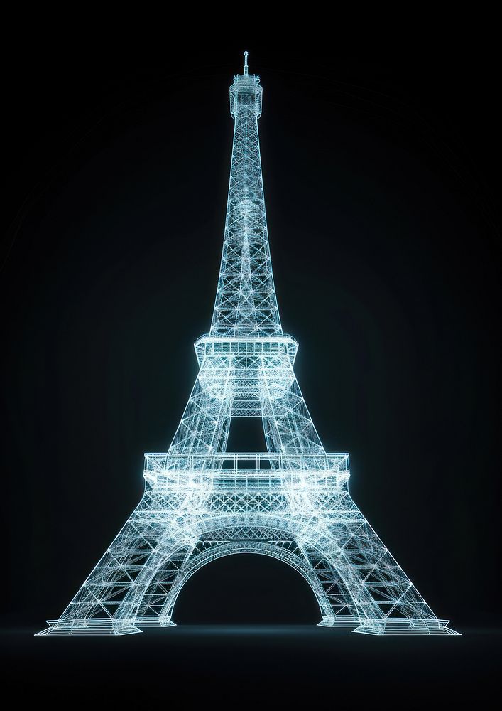 Glowing wireframe of eiffel tower architecture building landmark.