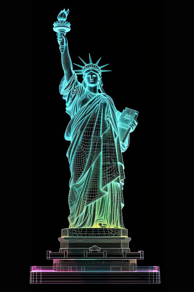 Glowing wireframe of statue of liberty sculpture landmark black background.