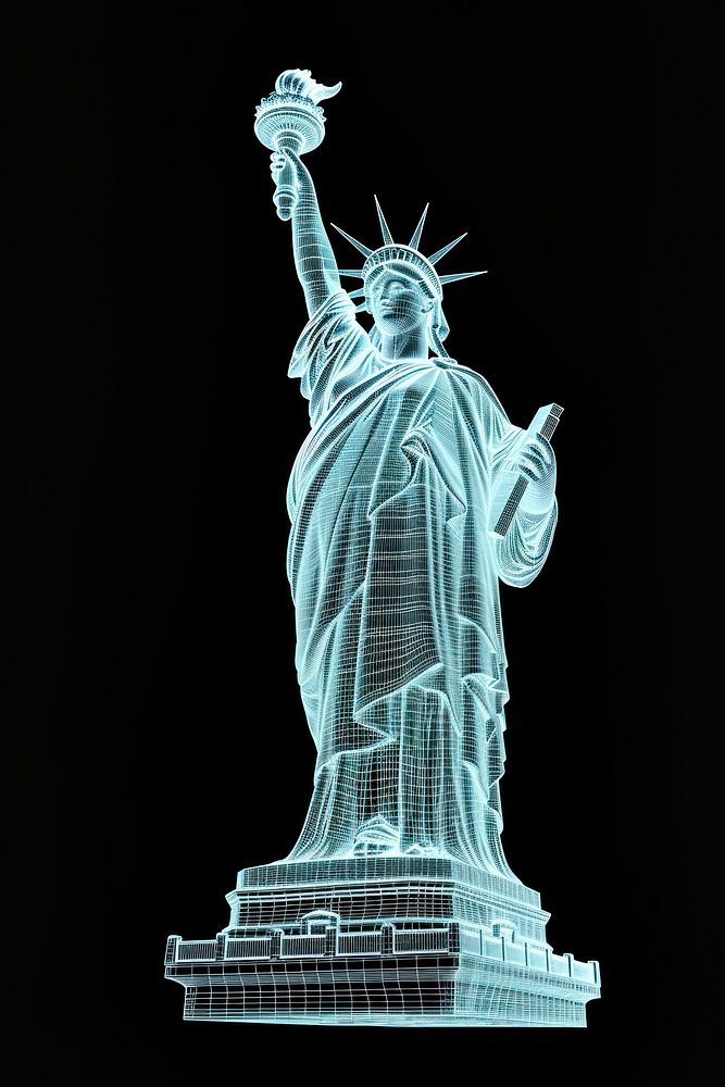 Glowing wireframe of statue of liberty sculpture art black background.