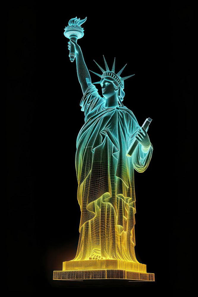 Glowing wireframe of statue of liberty sculpture black background representation.