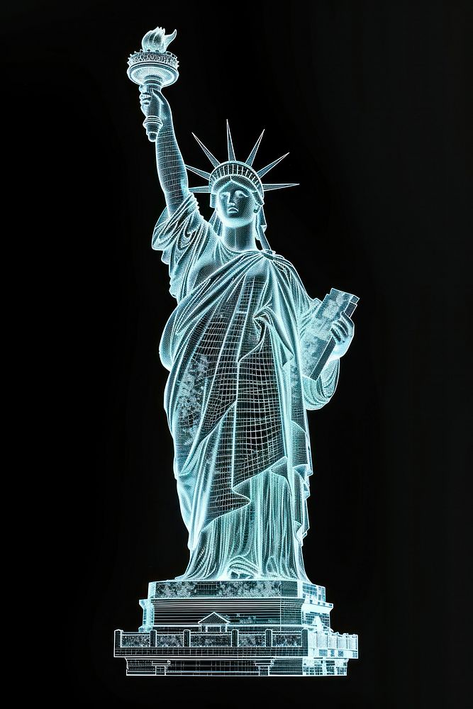 Glowing wireframe of statue of liberty sculpture art black background.