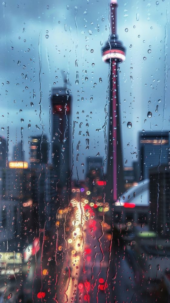 Rain scene with cn tower architecture cityscape building.