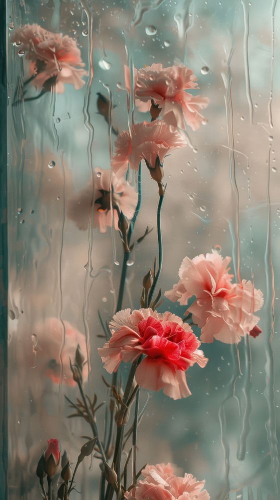 Rain scene with carnations flower petal plant.
