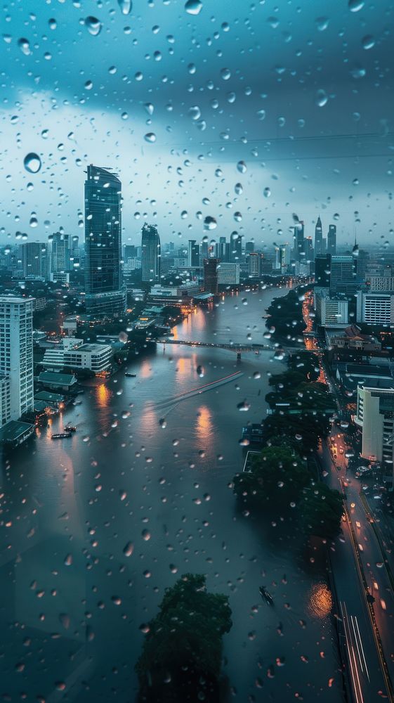 Rain scene with city architecture landscape cityscape.