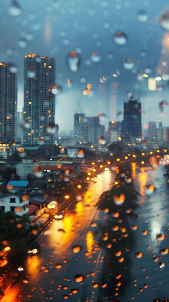 Rain scene with city architecture metropolis cityscape.
