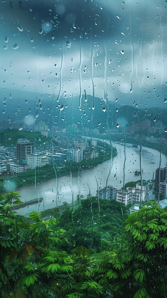 Rain scene with city architecture outdoors nature.