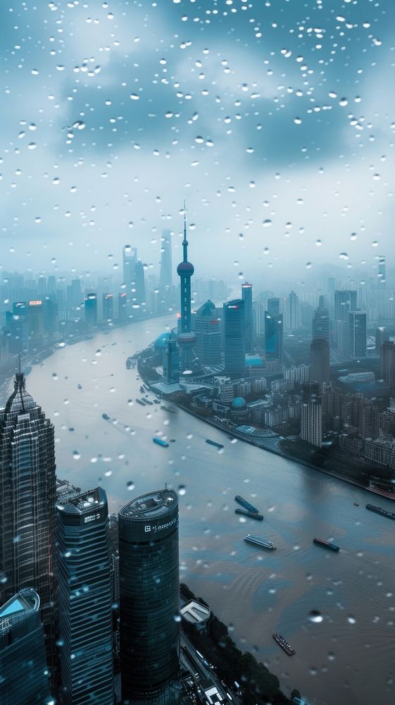 Rain scene with city architecture metropolis landscape.