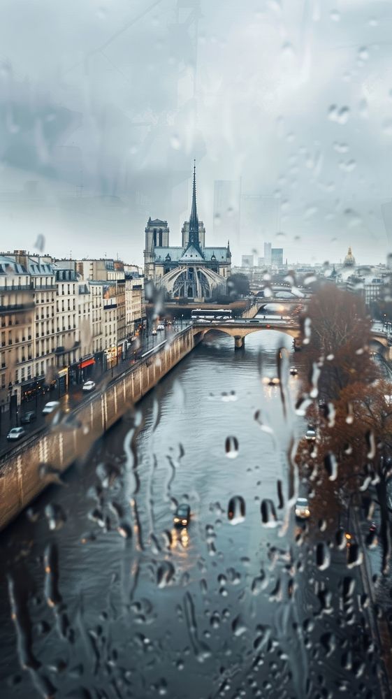 Rain scene with city river architecture cityscape.
