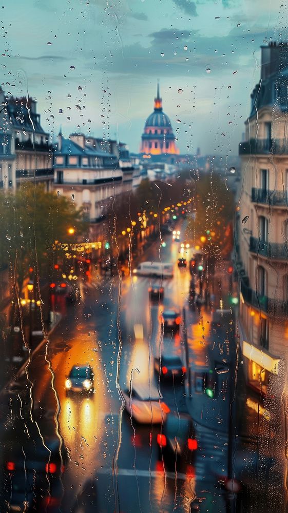Rain scene with city architecture cityscape outdoors.