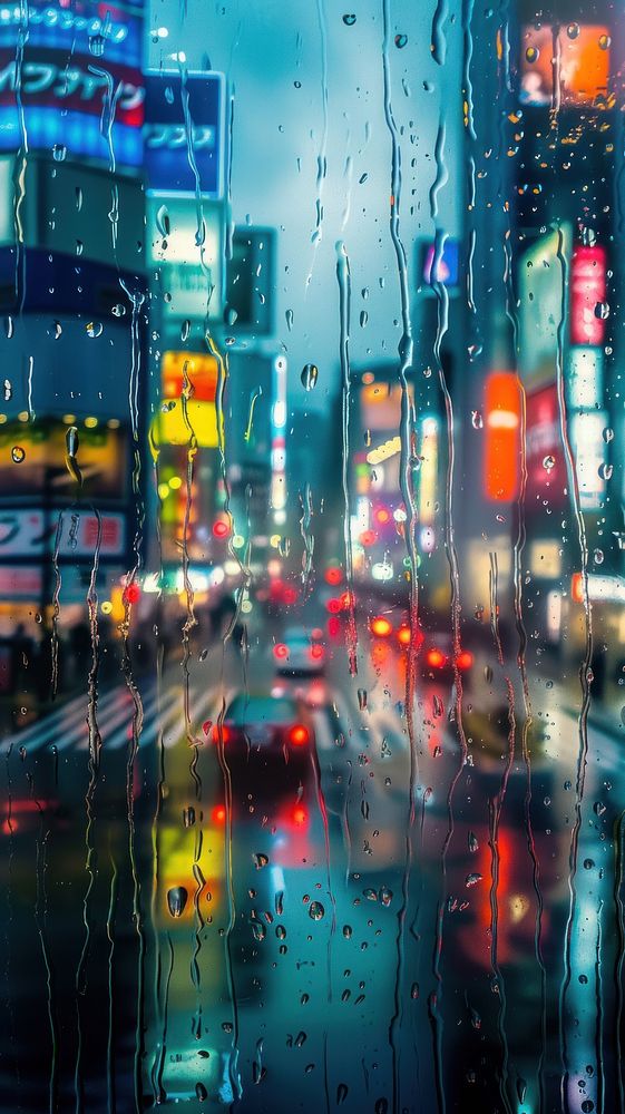 Rain scene with city outdoors vehicle street.