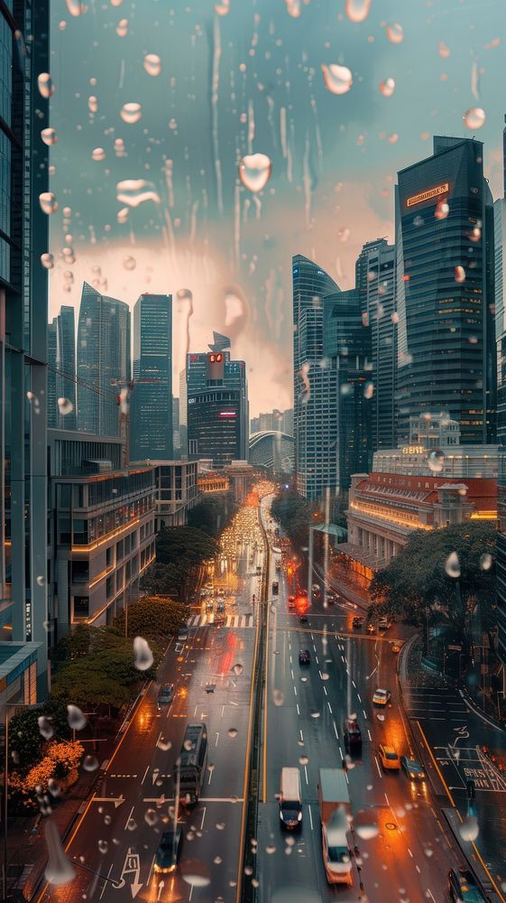 Rain scene with city architecture metropolis cityscape.