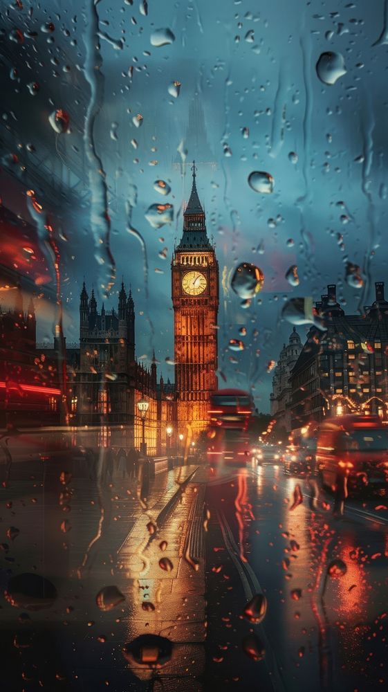 Rain scene with clock tower architecture cityscape building.
