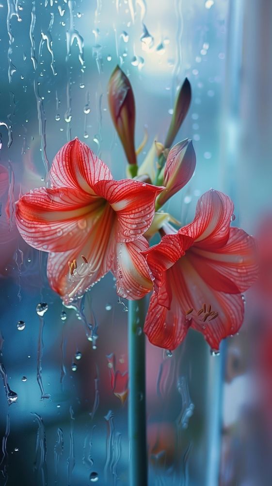 Rain scene with amaryllis flower petal plant.