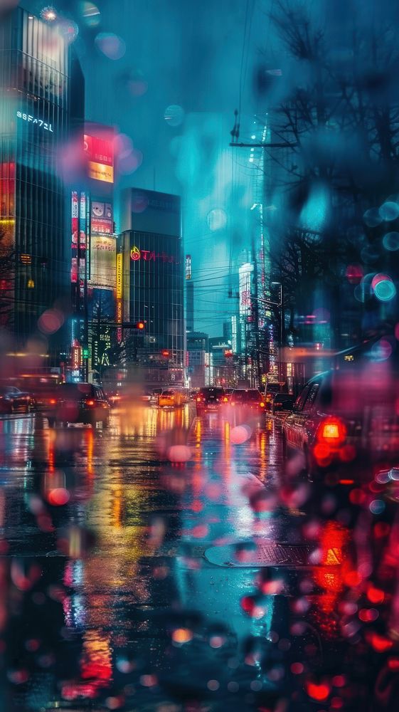 Rain scene with downtown architecture metropolis cityscape.