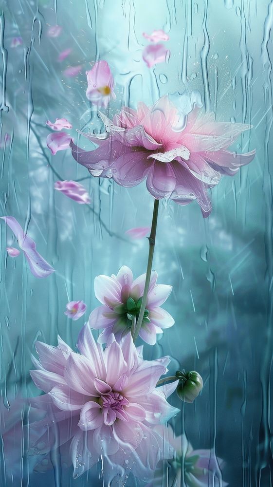 Rain scene with dahlia outdoors blossom flower.