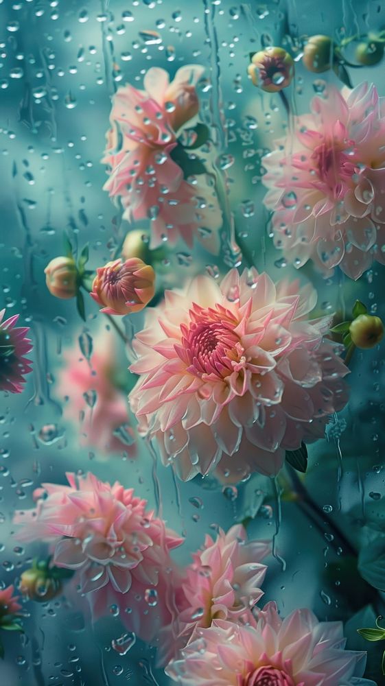 Rain scene with dahlias blossom flower nature.
