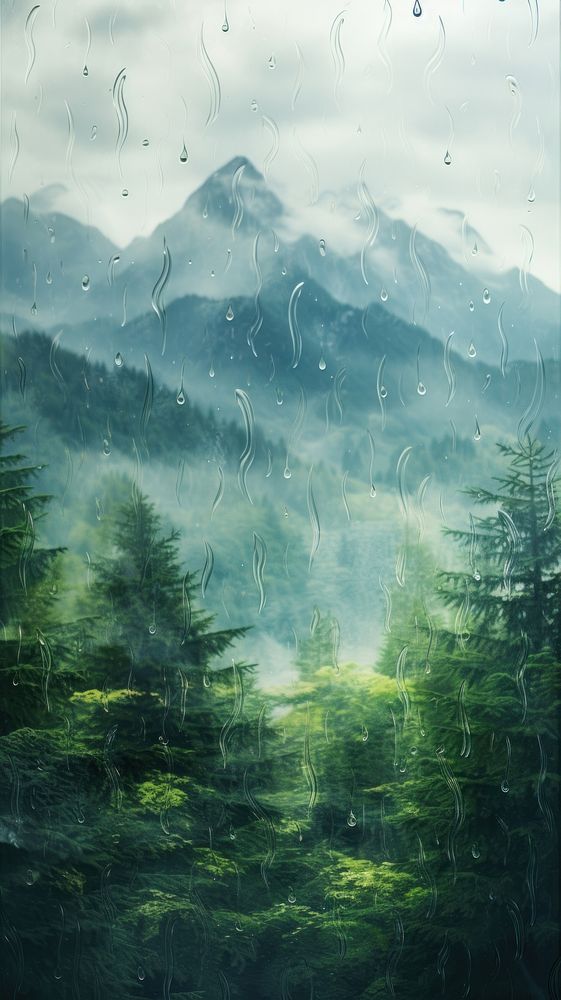 Rain scene with forest landscape mountain outdoors.