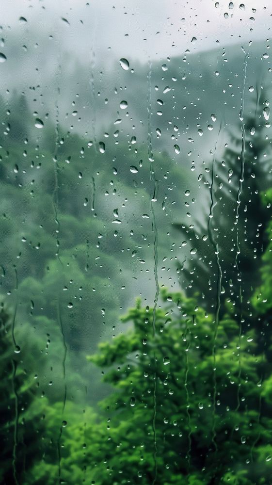 Rain scene with forest land landscape outdoors.