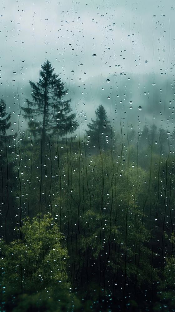 Rain scene with forest land landscape outdoors.