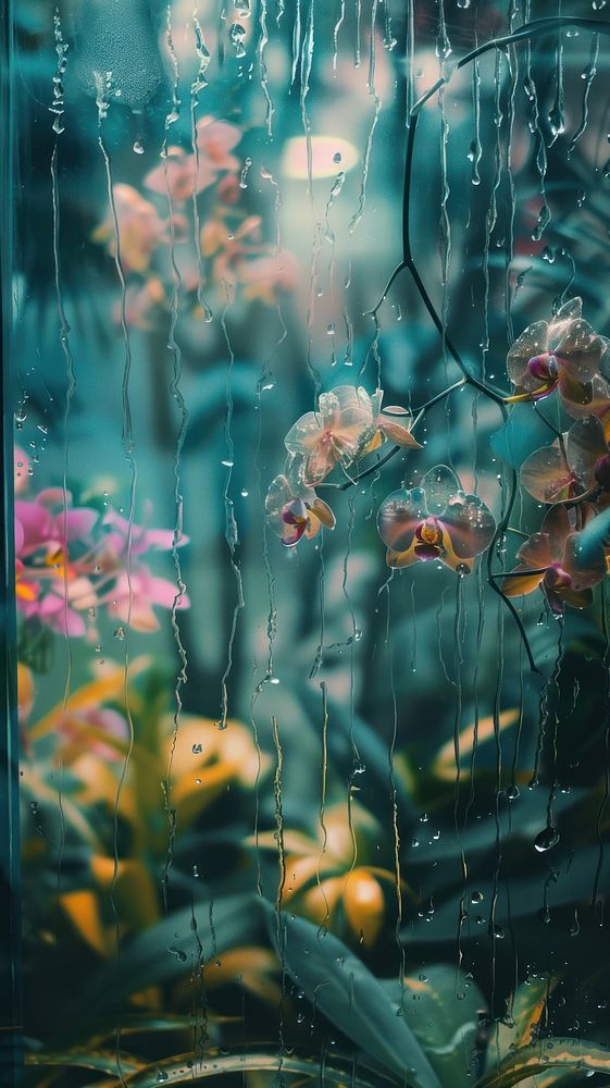 Rain scene with Orchids outdoors nature flower.