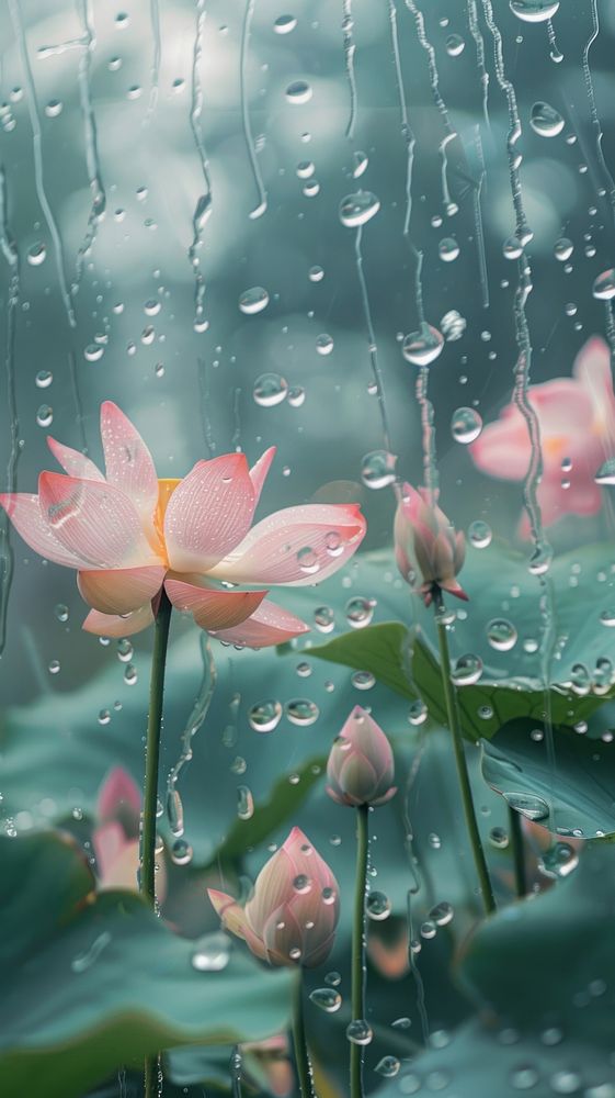 Rain scene with lotus outdoors blossom nature.
