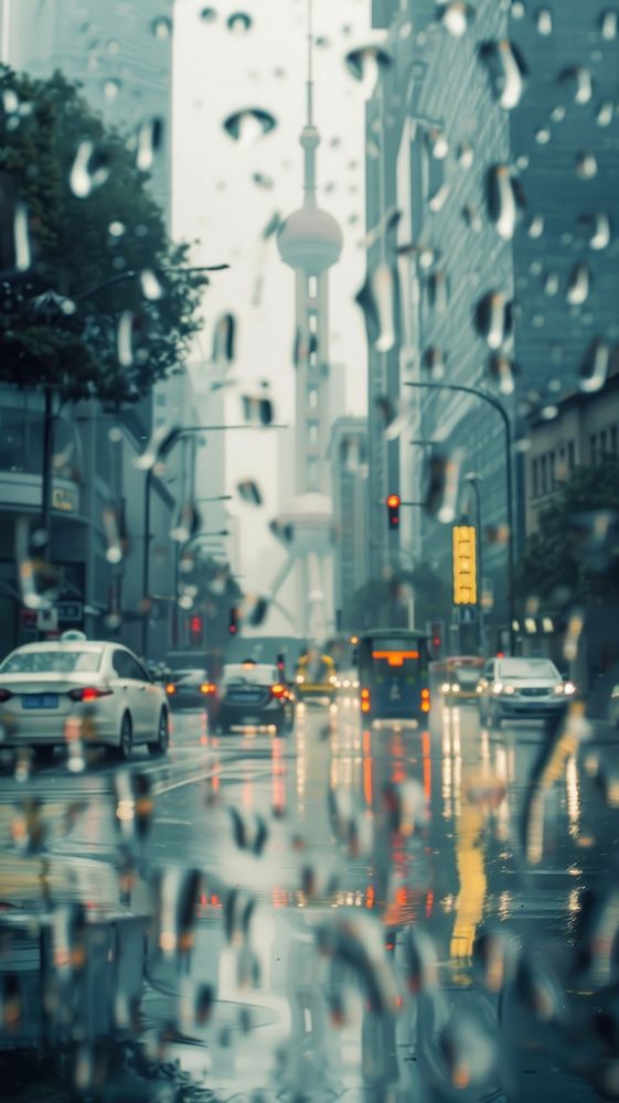Rain scene with landmark architecture cityscape outdoors.