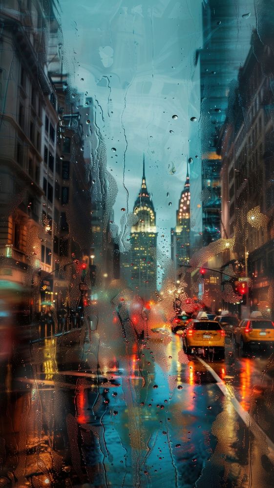 Rain scene with landmark architecture metropolis cityscape.