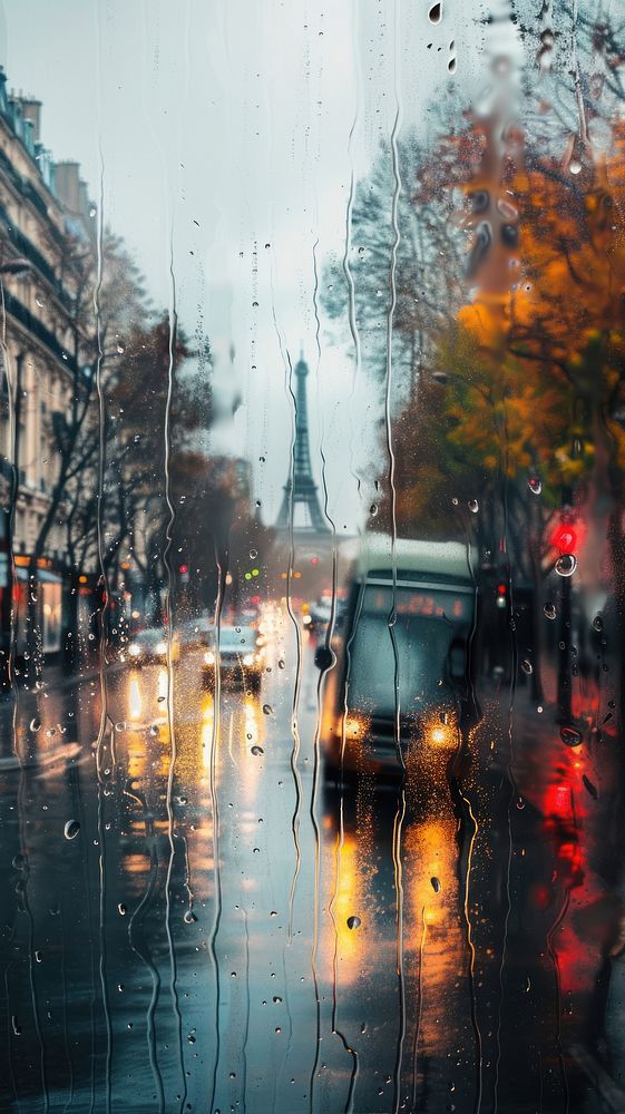 Rain scene with landmark street glass city.